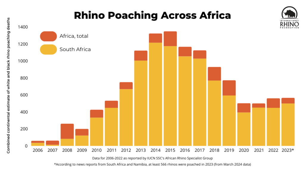 A chart showing rhino poaching data from 2006-2023, with numbers from South Africa highlighted