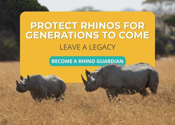 Mother and calf rhino with the words 'Protect rhinos for generations to come'