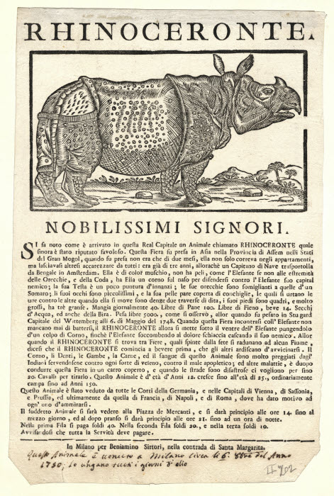 Broadsheet of Clara, the Dutch Rhinoceros, with text regarding visit to Milano, Milan, Italy in 1750.